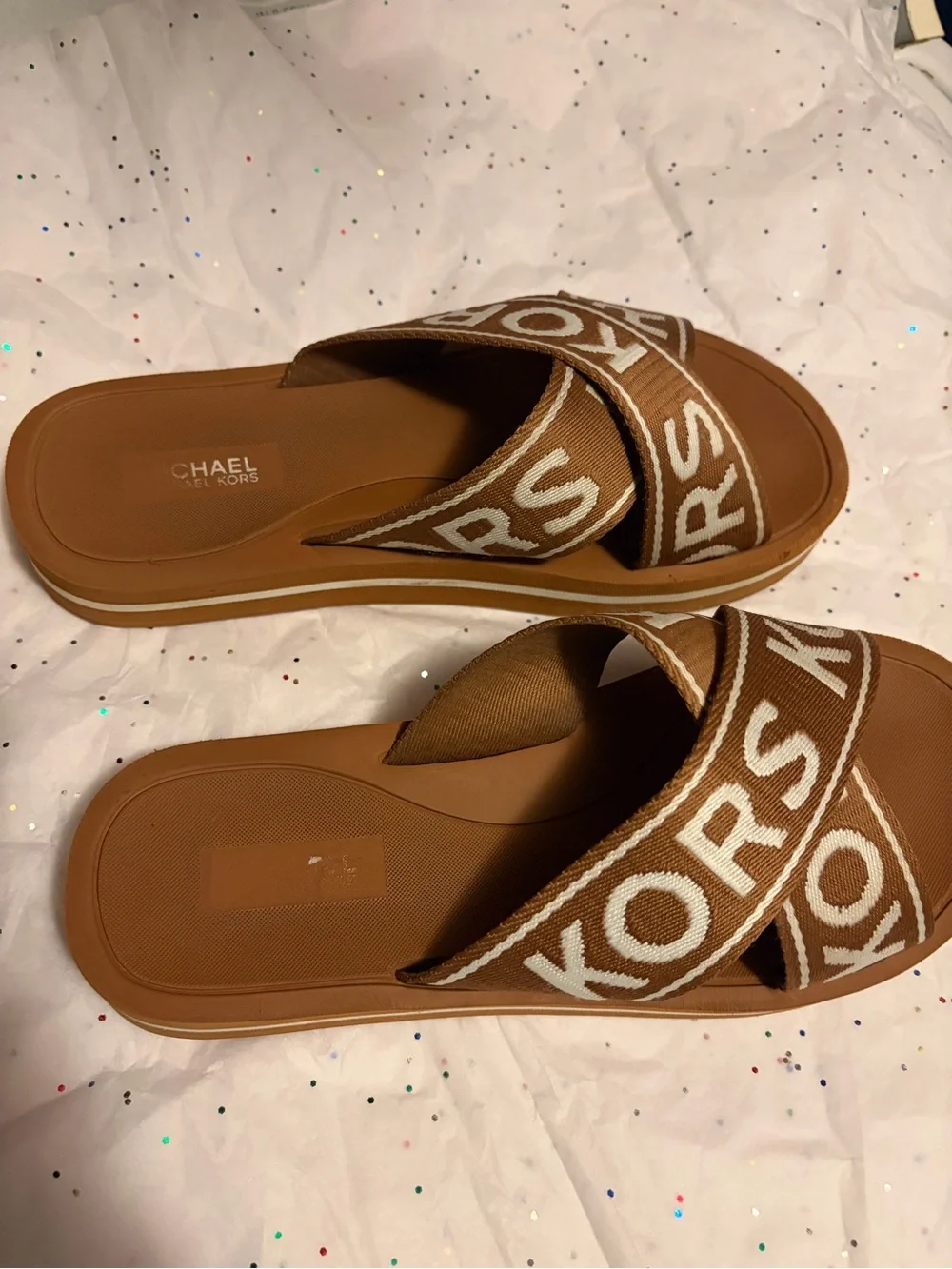 Michael Kors Brown and White Logo Crossband Slide Sandals